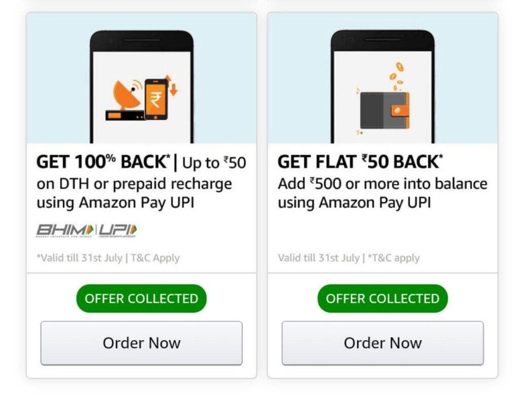 Amazon UPI cashack offers - 100% on recharge and Rs.50 on add money
