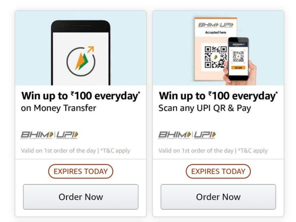 amazon upi cashback offers - Scan & pay and Money transfer